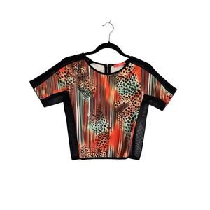 Lulumari Women's Y2K Small Black Mesh Panels Crop Top Leopard Art To Wear #6737